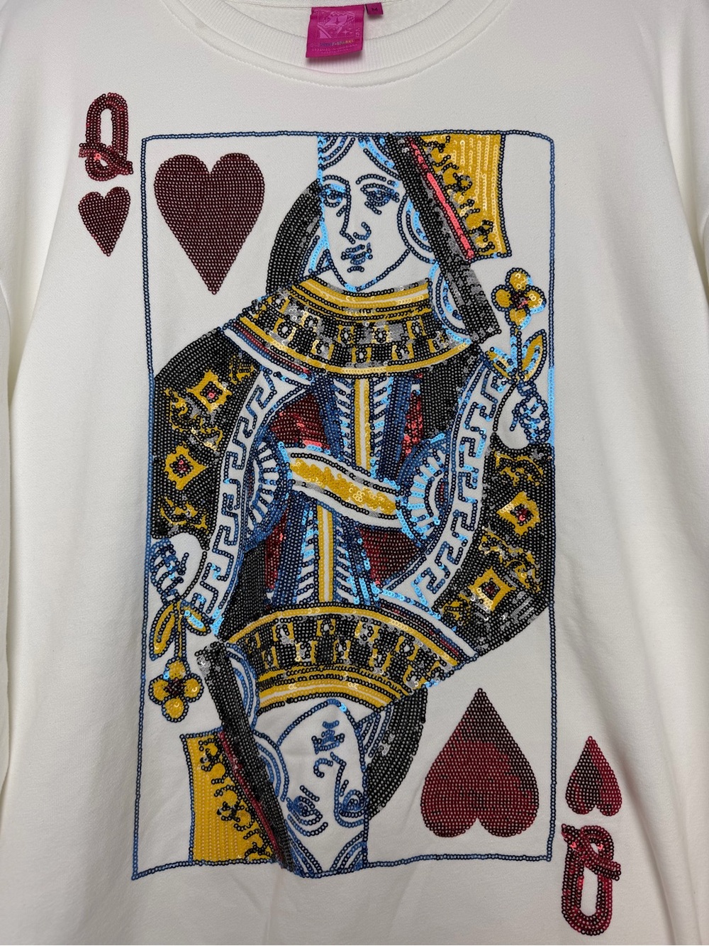Queen of Sparkles Playing Card Sequins Queen of Hearts White Sweatshirt Medium